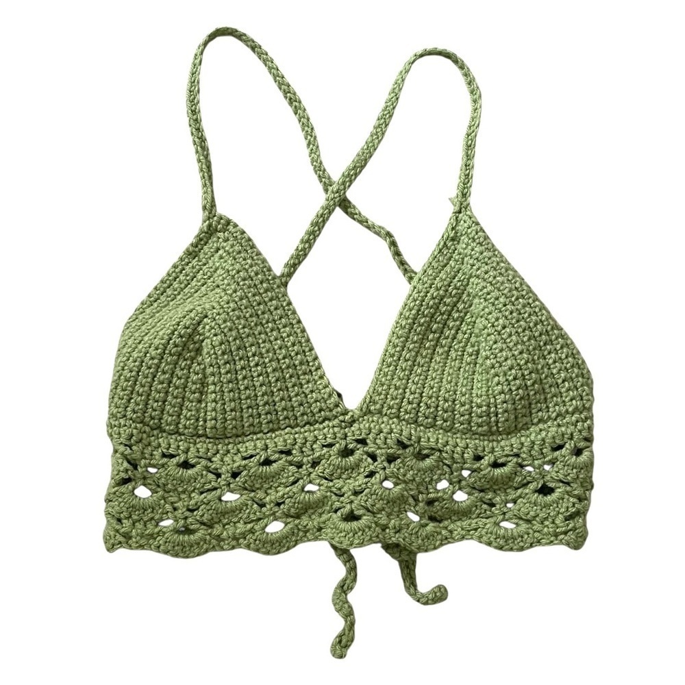 HAND KNIT Handmade Boho Crochet Knit Bra Top Green One Size Adjustable